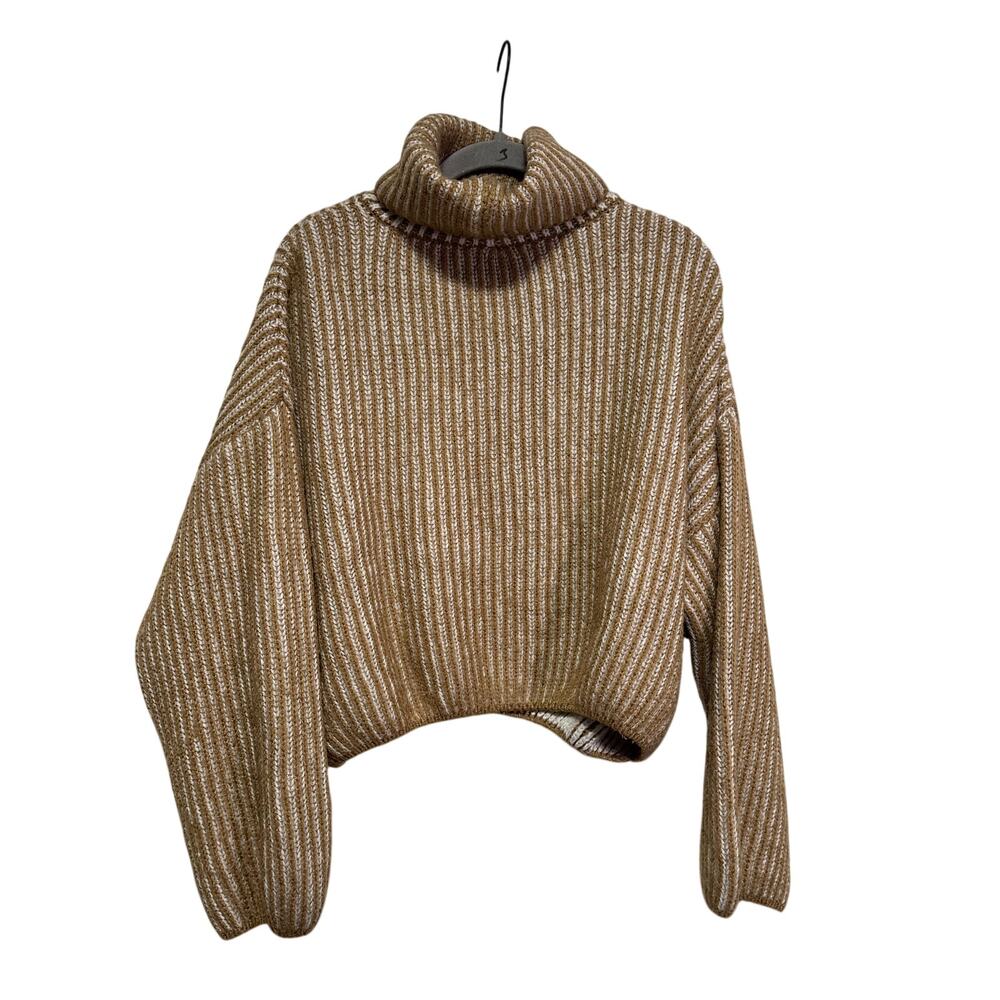 Stradivarius M Brown White Ribbed Cropped Turtleneck Sweater - Picture 6 of 7